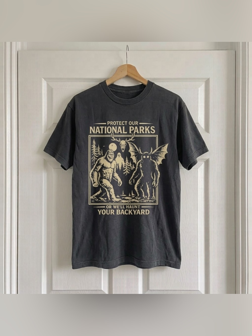 Protect Our National Parks Bigfoot Mothman Black Graphic T-Shirt